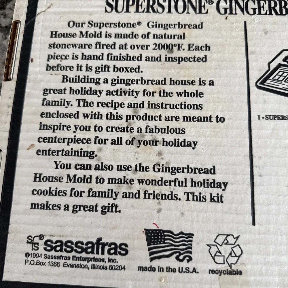 Vintage 1994 SUPERSTONE GINGERBREAD MOLD KIT MADE BY SASSAFRAS IN USA New in Box